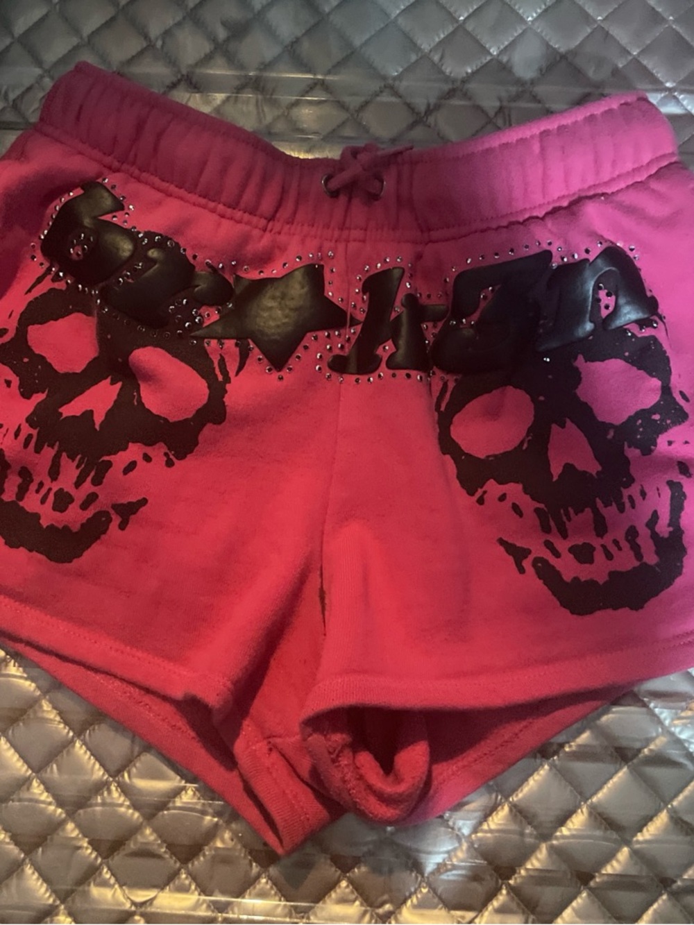Pink Skull Graphic Athletic Shorts with Stud Detail